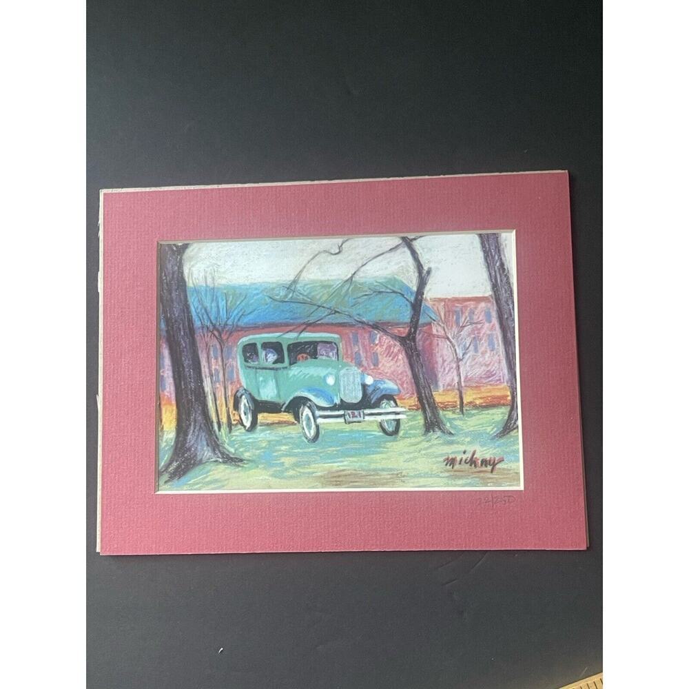 Nicholas Michniya Pastel On Paper Print “Blue Car” 5x7 Cottagecore